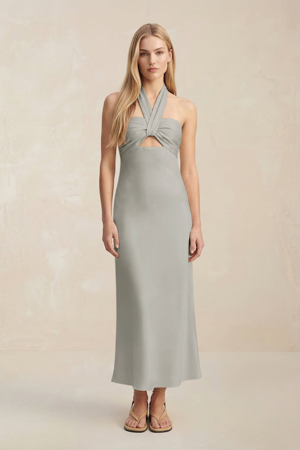 Halter Keyhole Sheath Midi Bridesmaid Dress in Silver
