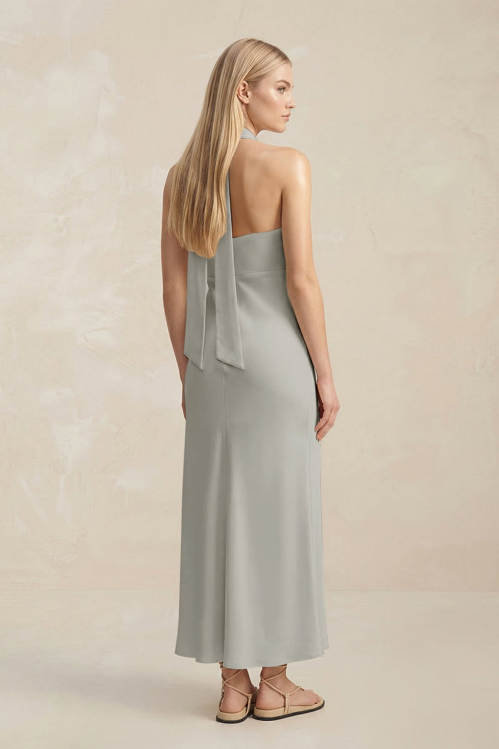 Halter Keyhole Sheath Midi Bridesmaid Dress in Silver