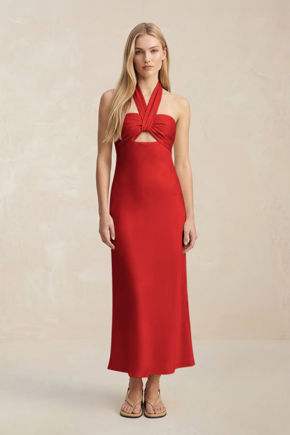 Halter Keyhole Sheath Midi Bridesmaid Dress in Spice