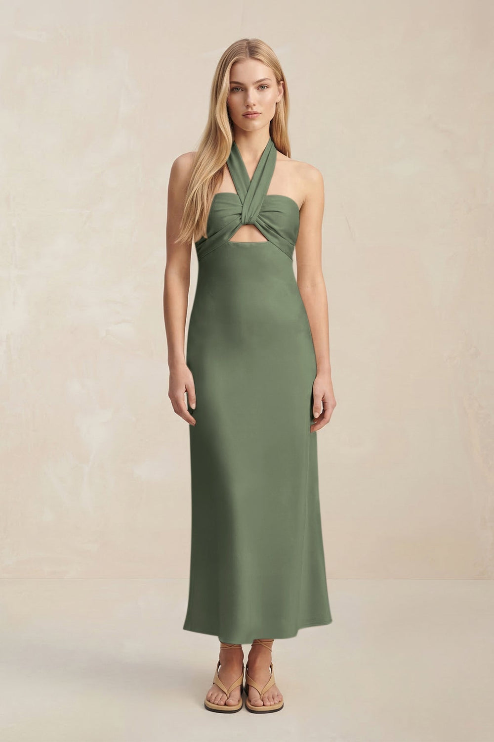 Halter Keyhole Sheath Midi Bridesmaid Dress in Thyme