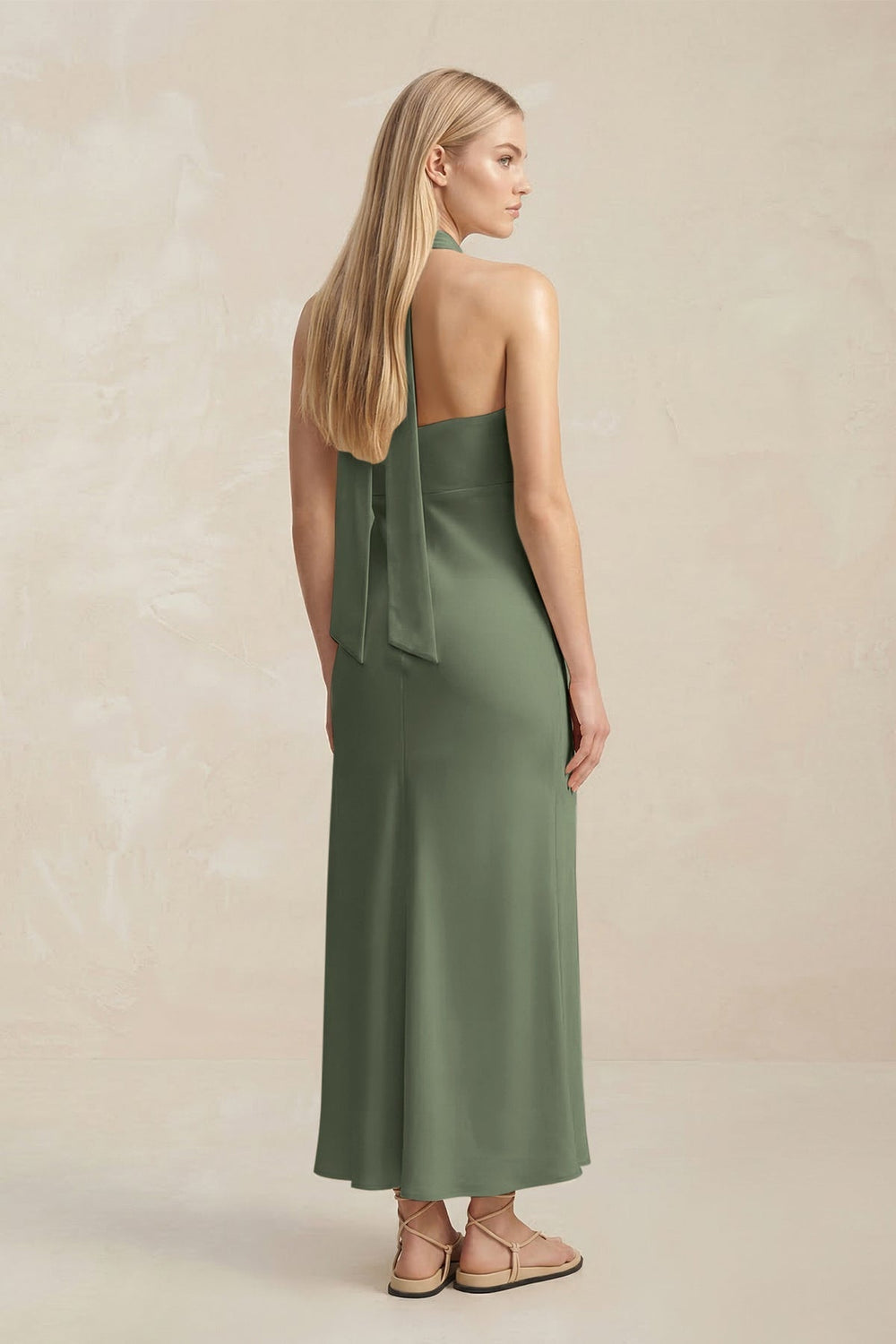 Halter Keyhole Sheath Midi Bridesmaid Dress in Thyme
