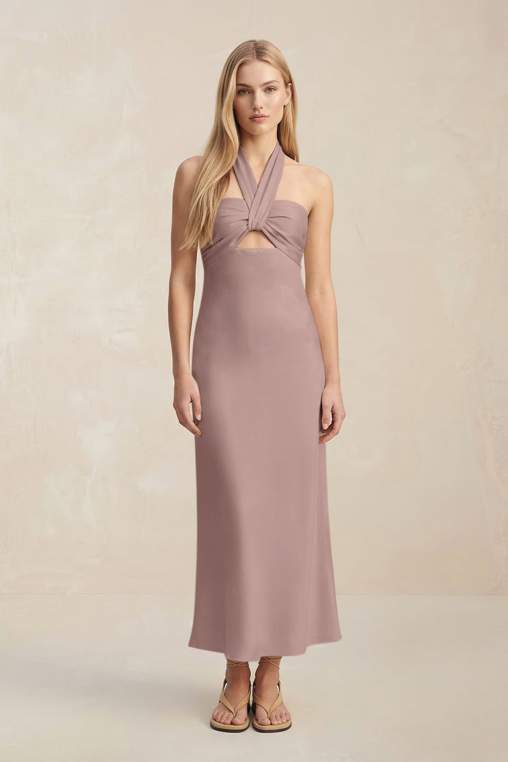 Halter Keyhole Sheath Midi Bridesmaid Dress in Toffee
