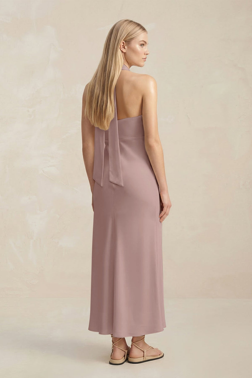 Halter Keyhole Sheath Midi Bridesmaid Dress in Toffee