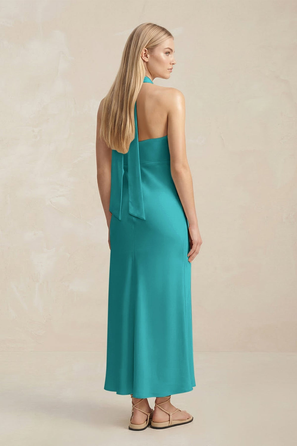 Halter Keyhole Sheath Midi Bridesmaid Dress in Turquoise