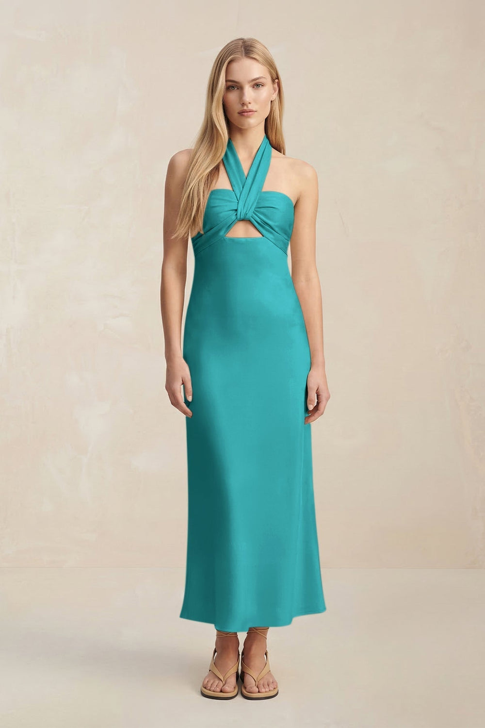 Halter Keyhole Sheath Midi Bridesmaid Dress in Turquoise