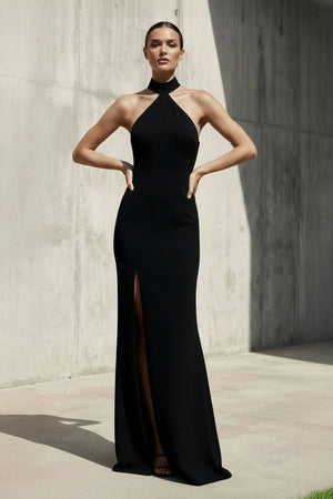 Halter Maxi Dress With Slit in Black - KISS BRIDAL