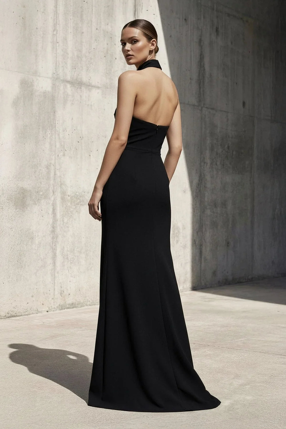 Halter Wedding Guest Dress With Slit in Black
