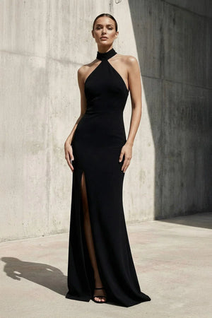 Halter Maxi Dress With Slit in Black - KISS BRIDAL