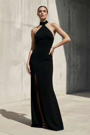 Halter Maxi Dress With Slit in Black - KISS BRIDAL