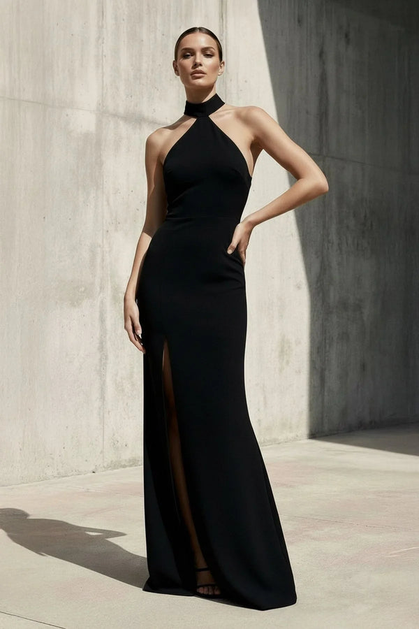 Halter Maxi Dress With Slit in Black - KISS BRIDAL