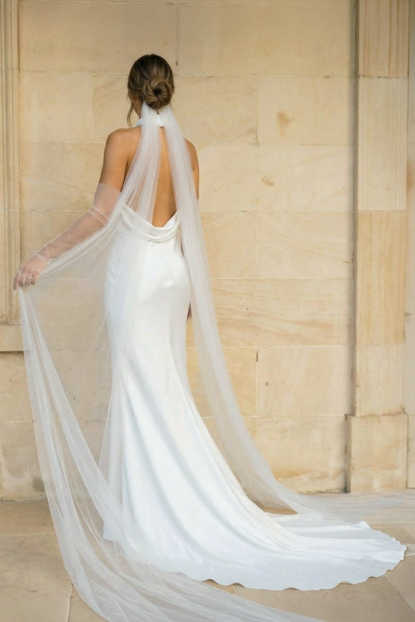 Halter Mermaid Satin Backless Wedding Dress in White - KISS BRIDAL Wedding Dresses