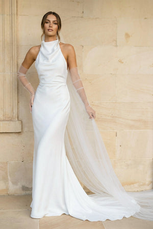 Halter Mermaid Satin Backless Wedding Dress in White - KISS BRIDAL Wedding Dresses