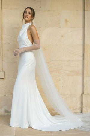 Halter Mermaid Satin Backless Wedding Dress in White - KISS BRIDAL Wedding Dresses