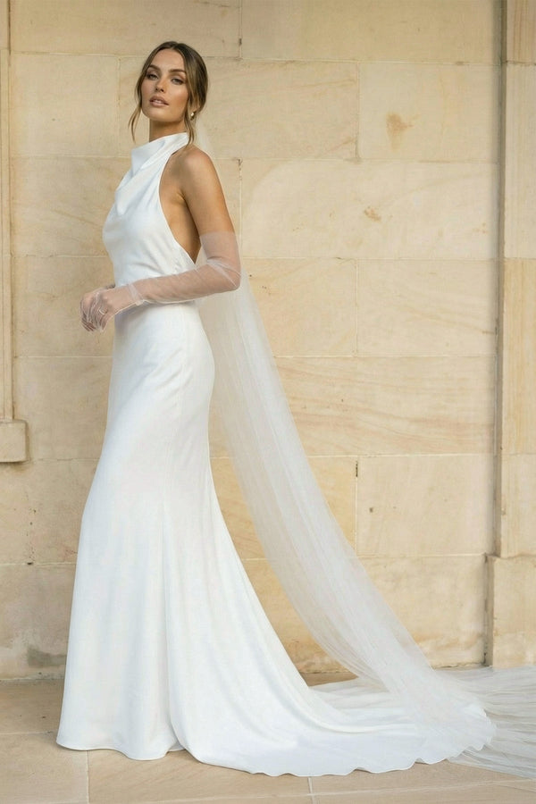 Halter Mermaid Satin Backless Wedding Dress in White - KISS BRIDAL Wedding Dresses