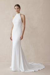 Halter Mermaid Satin Wedding Dress With Beading in White - KISS BRIDAL Wedding Dresses