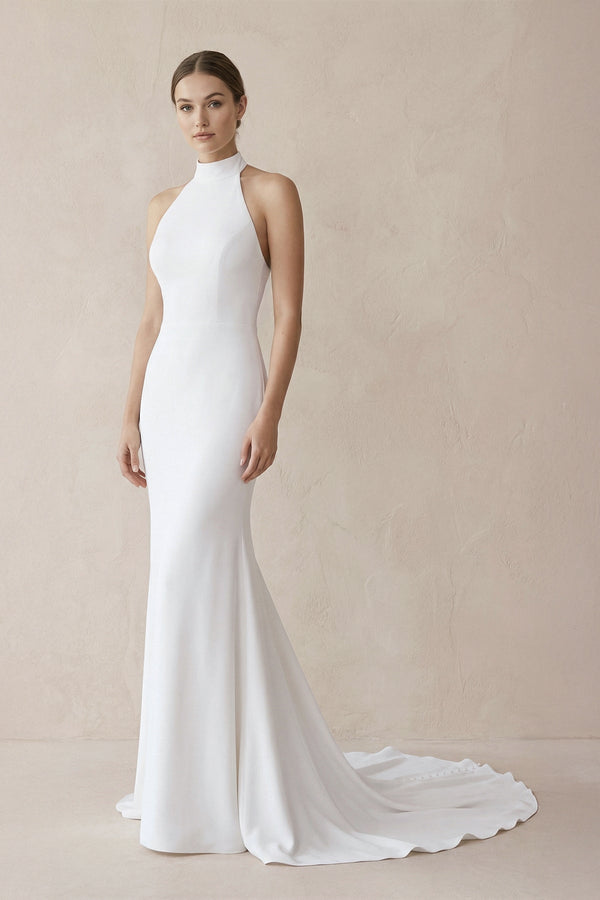Halter Mermaid Satin Wedding Dress With Beading in White - KISS BRIDAL Wedding Dresses