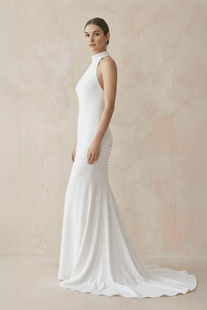 Halter Mermaid Satin Wedding Dress With Beading in White - KISS BRIDAL Wedding Dresses
