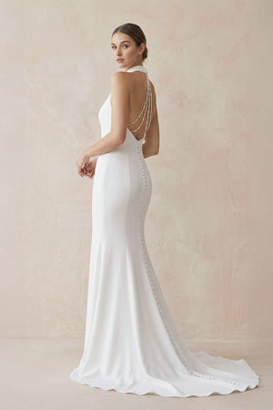 Halter Mermaid Satin Wedding Dress With Beading in White - KISS BRIDAL Wedding Dresses