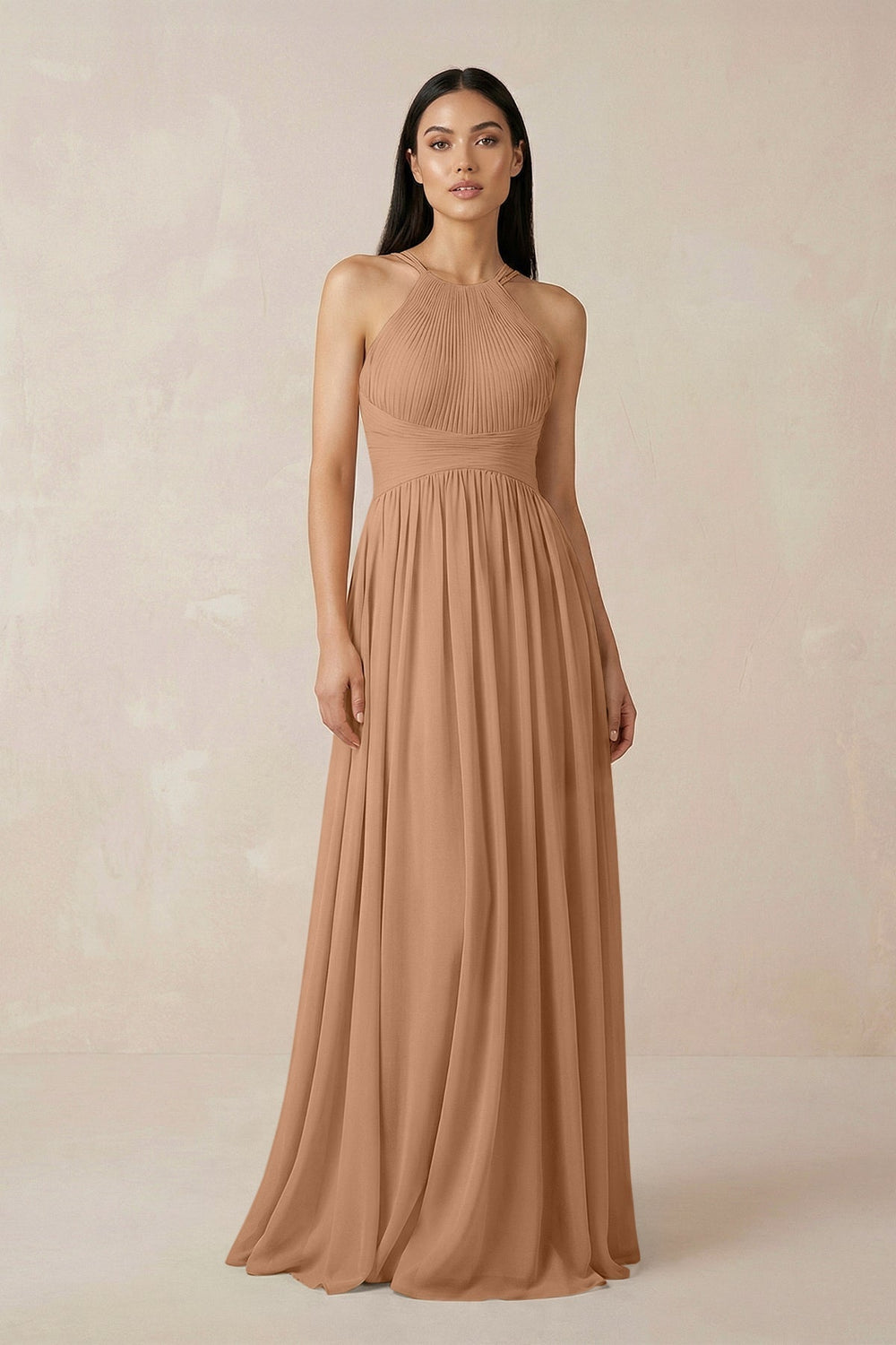 Halter Neck A-Line Chiffon Bridesmaid Dress in Bronzer
