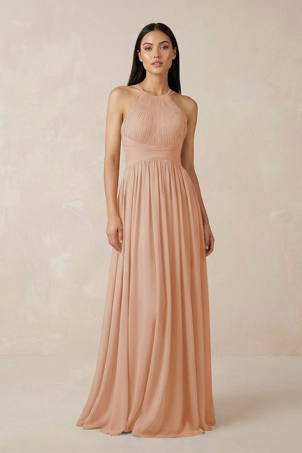 Halter Neck A-Line Chiffon Bridesmaid Dress in Champagne Rose