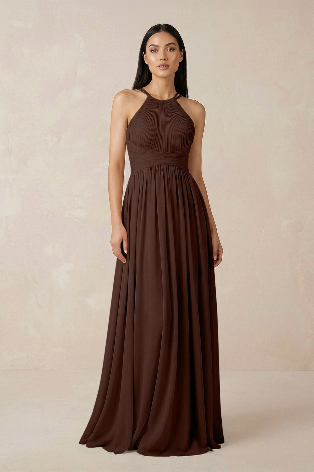 Halter Neck A-Line Chiffon Bridesmaid Dress in Espresso