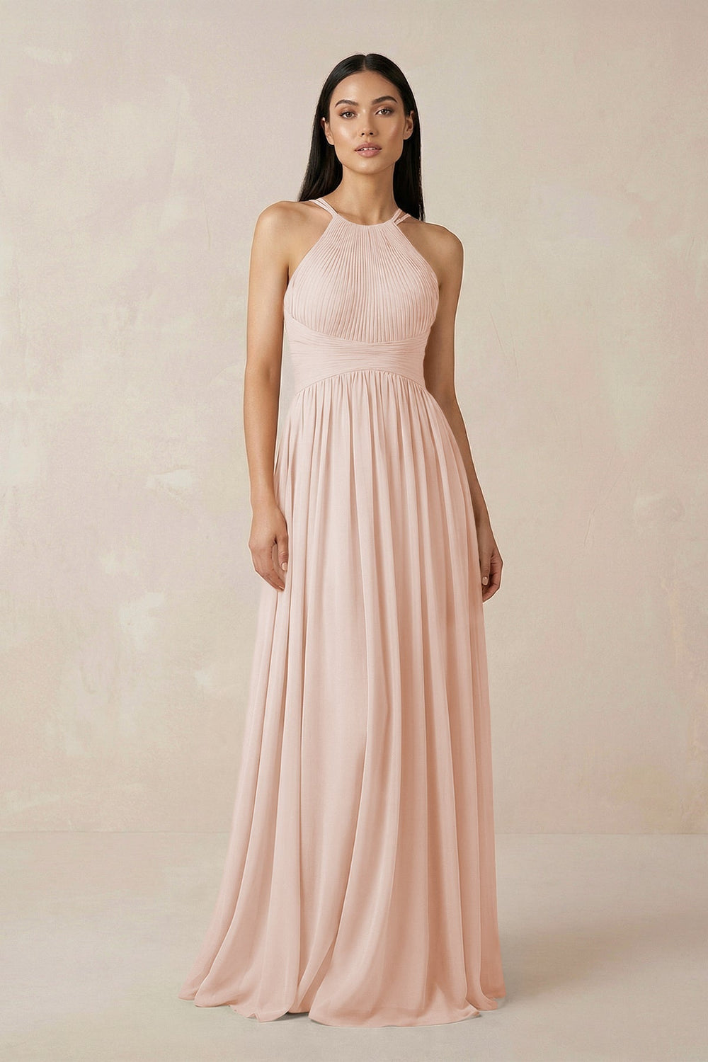 Halter Neck A-Line Chiffon Bridesmaid Dress in Pale Blush