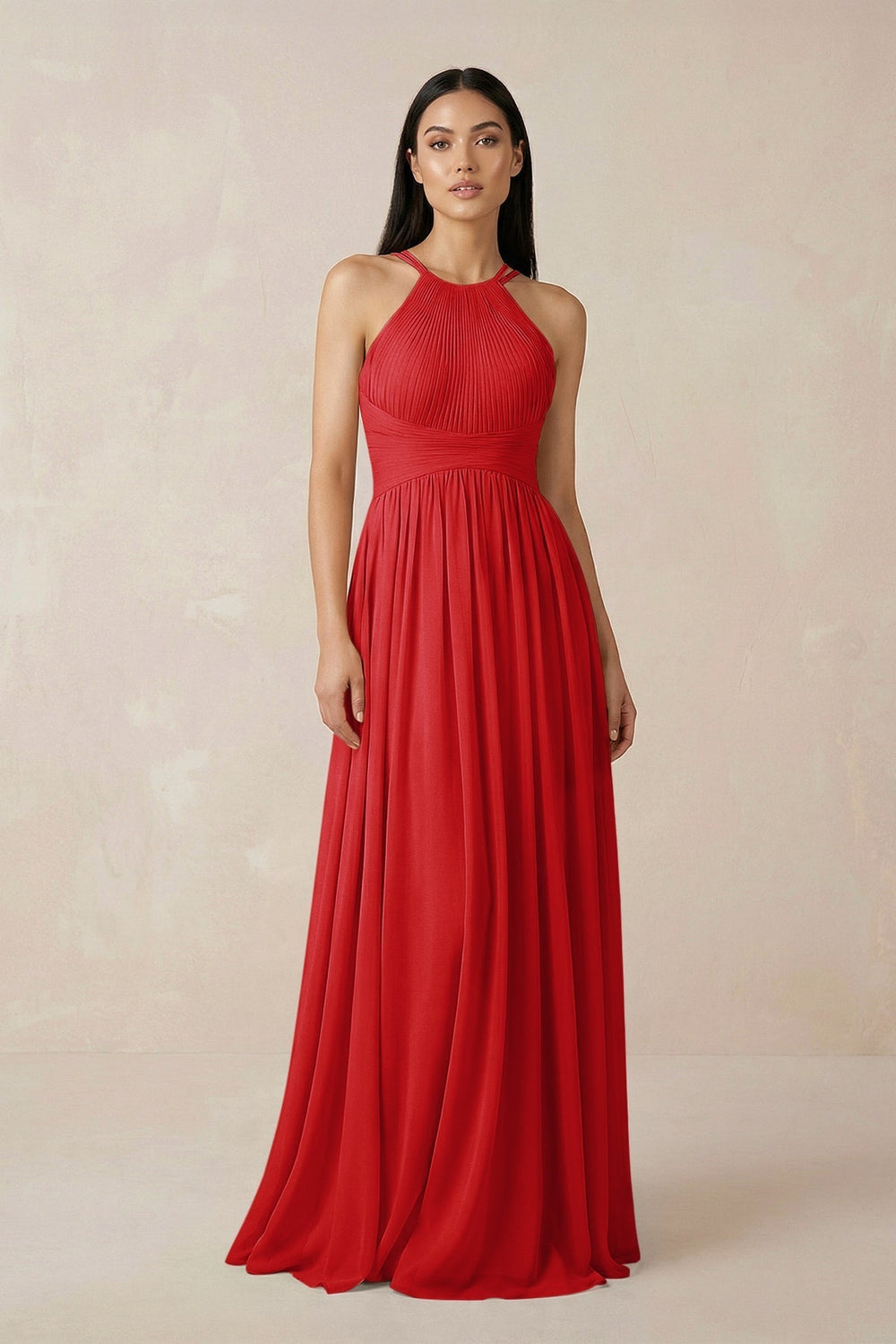 Halter Neck A-Line Chiffon Bridesmaid Dress in Ruby Red