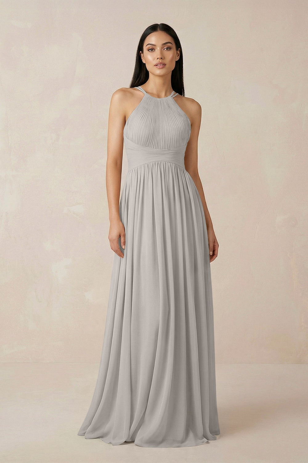 Halter Neck A-Line Chiffon Bridesmaid Dress in Silver