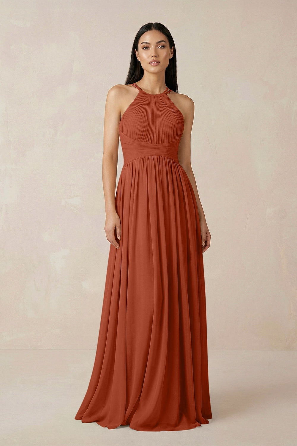 Halter Neck A-Line Chiffon Bridesmaid Dress in Spice