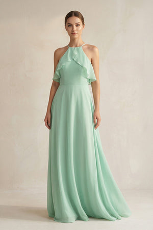 Halter Neck A-Line Chiffon Bridesmaid Dress with Keyhole in Pale Pistachio - KISS BRIDAL BRIDESMAID DRESSES