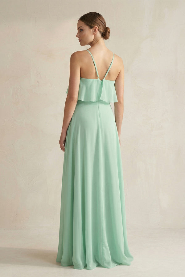 Halter Neck A-Line Chiffon Bridesmaid Dress with Keyhole in Pale Pistachio - KISS BRIDAL BRIDESMAID DRESSES