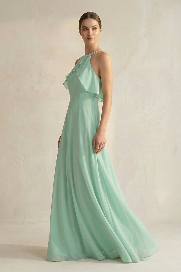 Halter Neck A-Line Chiffon Bridesmaid Dress with Keyhole in Pale Pistachio - KISS BRIDAL BRIDESMAID DRESSES