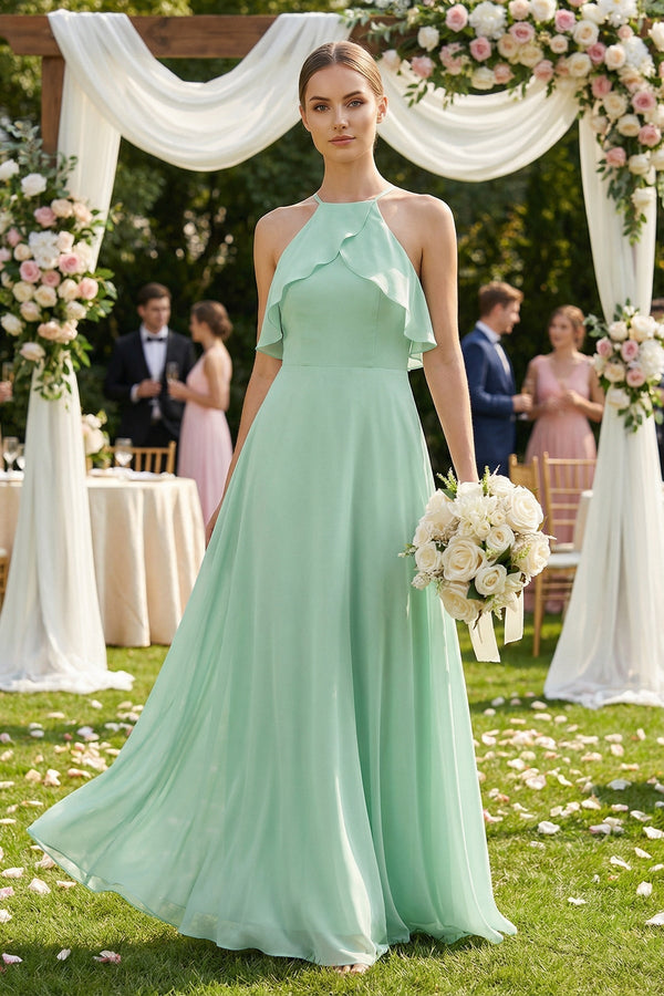 Halter Neck A-Line Chiffon Bridesmaid Dress with Keyhole in Pale Pistachio - KISS BRIDAL BRIDESMAID DRESSES