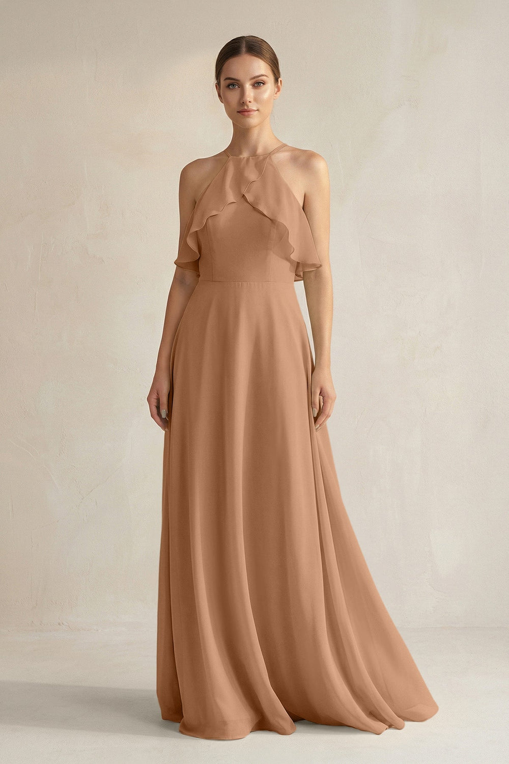 Halter Neck A-Line Chiffon Bridesmaid Dress with Keyhole in Bronzer