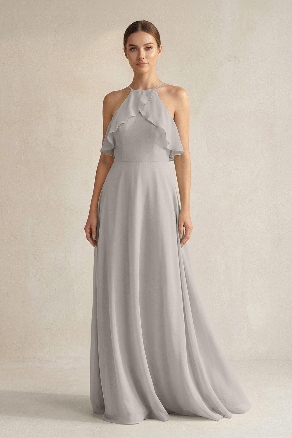 Halter Neck A-Line Chiffon Bridesmaid Dress with Keyhole in Silver