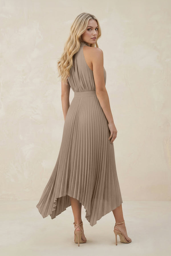 Halter Neck Pleated A-Line Chiffon Bridesmaid Dress in Almond (2) | KISSBRIDAL