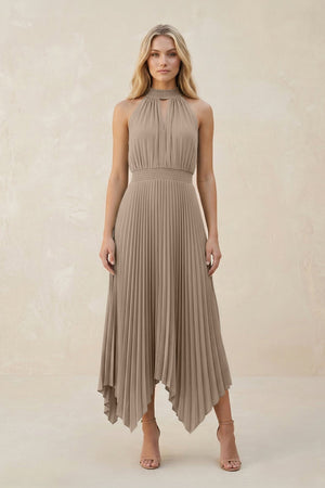 Halter Neck Pleated A-Line Chiffon Bridesmaid Dress in Almond | KISSBRIDAL