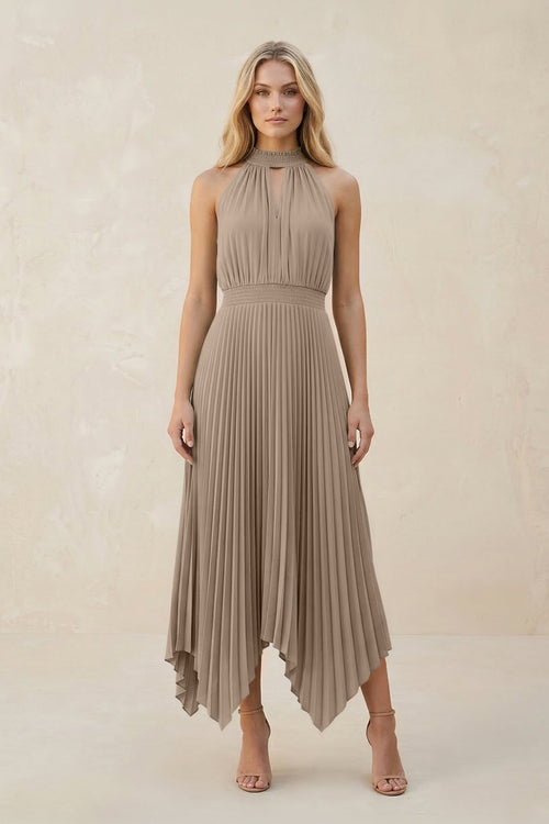 Halter Neck Pleated A-Line Chiffon Bridesmaid Dress in Almond | KISSBRIDAL