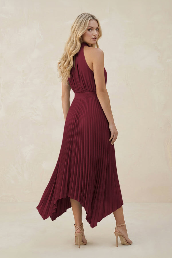 Halter Neck Pleated A-Line Chiffon Bridesmaid Dress in Berry (2) | KISSBRIDAL