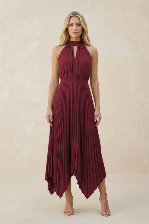 Halter Neck Pleated A-Line Chiffon Bridesmaid Dress in Berry | KISSBRIDAL