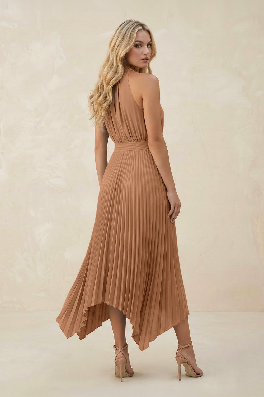 Halter Neck Pleated A-Line Chiffon Bridesmaid Dress in Bronzer
