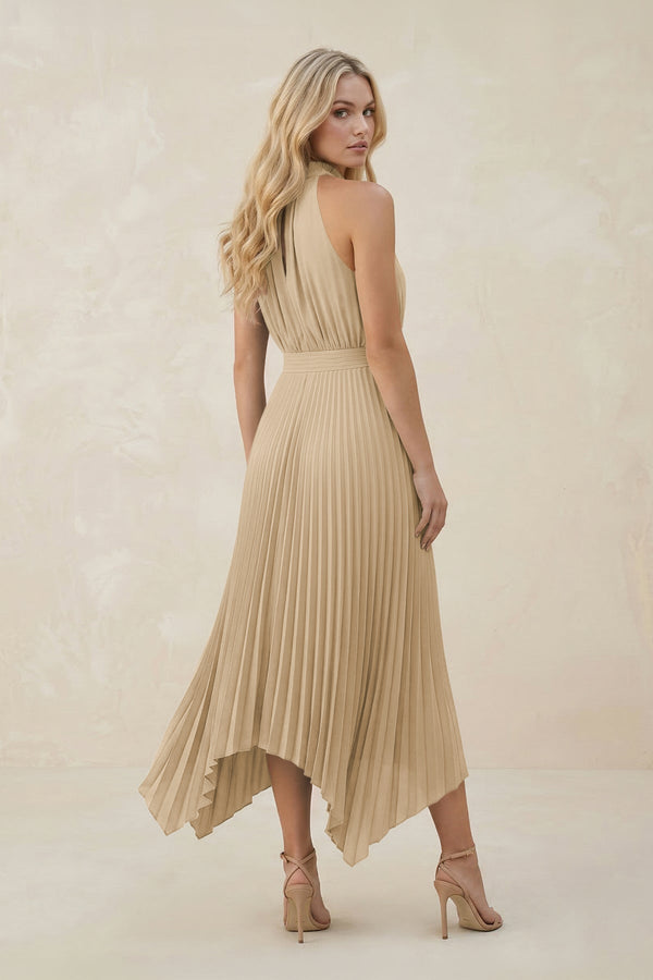 Halter Neck Pleated A-Line Chiffon Bridesmaid Dress in Champagne (2) | KISSBRIDAL