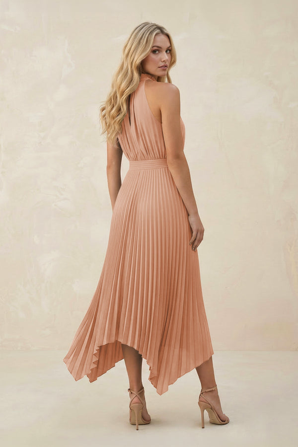 Halter Neck Pleated A - Line Chiffon Bridesmaid Dress in Champagne Rose - KISS BRIDAL Bridesmaid Dresses