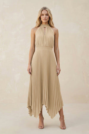 Halter Neck Pleated A-Line Chiffon Bridesmaid Dress in Champagne | KISSBRIDAL