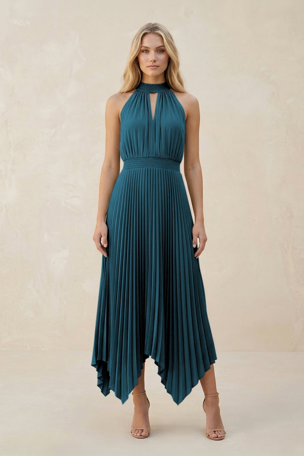 Halter Neck Pleated A-Line Chiffon Bridesmaid Dress in Dark Teal
