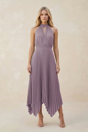 Halter Neck Pleated A-Line Chiffon Bridesmaid Dress in Dusk | KISSBRIDAL