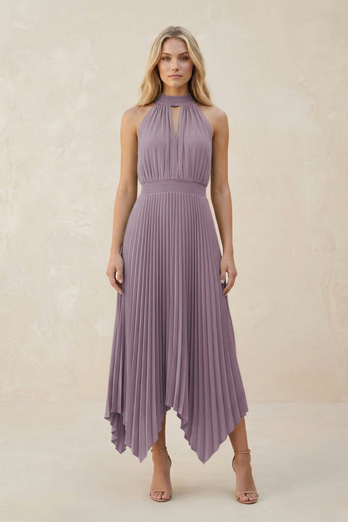 Halter Neck Pleated A-Line Chiffon Bridesmaid Dress in Dusk | KISSBRIDAL