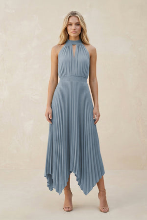 Halter Neck Pleated A-Line Chiffon Bridesmaid Dress in Dusty Blue | KISSBRIDAL