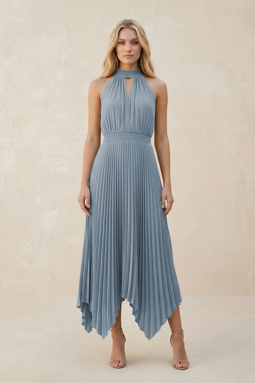 Halter Neck Pleated A-Line Chiffon Bridesmaid Dress in Dusty Blue | KISSBRIDAL