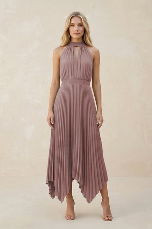 Halter Neck Pleated A-Line Chiffon Bridesmaid Dress in Dusty Rose | KISSBRIDAL